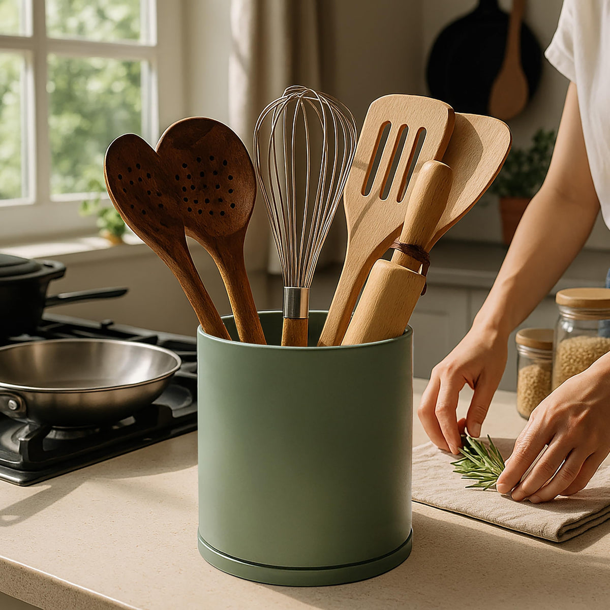 D'vine Dev 360° Rotating Utensil Holder Set – 7.2"+5" Kitchen Utensil Crocks for Countertop, Modern Cooking Tool Organizers for Kitchen Storage +Décor, Olive, Set of 2, 72-Z-C-1