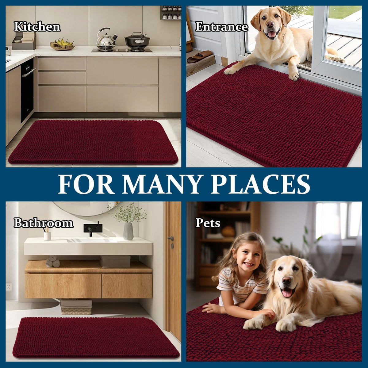 OLANLY Dog Door Mat - Absorbent Non-Slip Washable Chenille Mat for Muddy Paws | 54x32, Burgundy