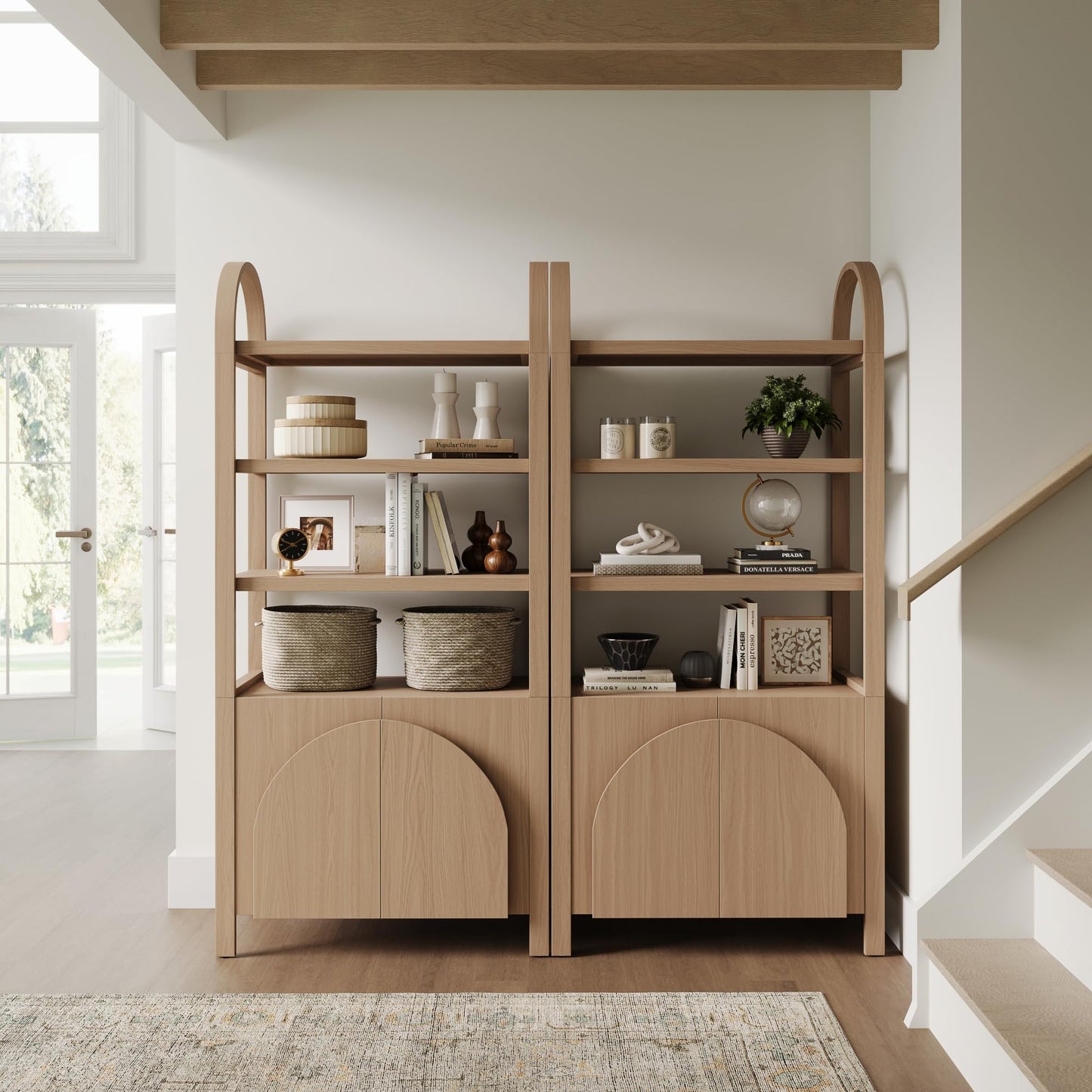 Nathan James Iris 3 Tier Bookshelf, Arched Bookcase Cabinet, Solid Wood Bookcase with Cabinet Base, Boho Bookshelf in Raw Oak Finish, Set of 2