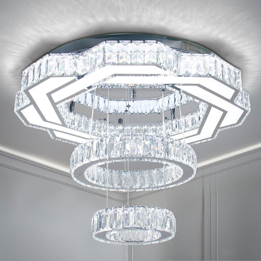 xychfantligh 22.5" Crystal Chandeliers Living Room Modern Chandelier Crystal Ceiling Light LED 2 Rings Pendant Light Flush Mount Chandelier for Bedroom Dining Room Entryway (Cool White)