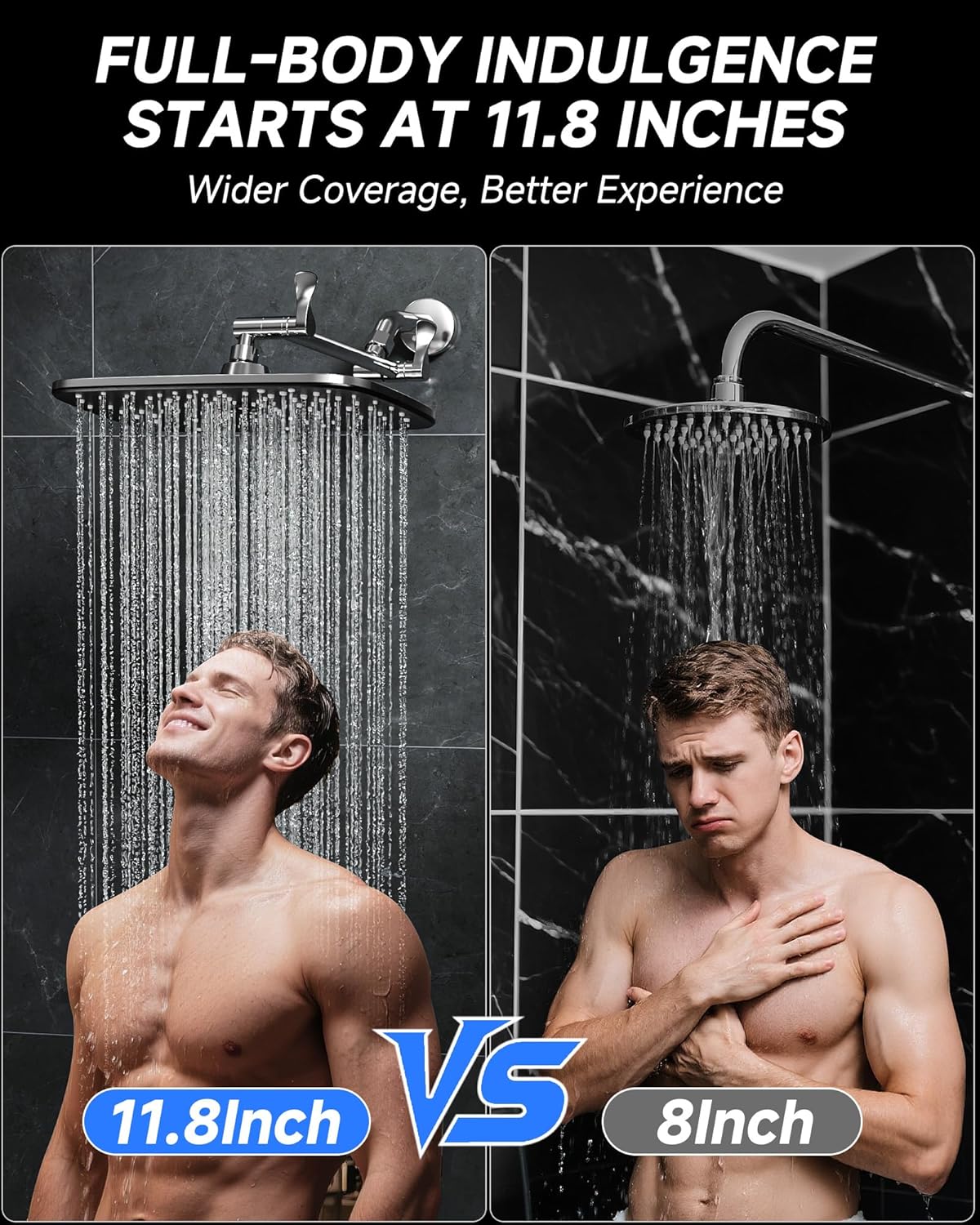 Veken Rain Shower Head - 11.8" Rectangular Stainless Steel Showerhead with Adjustable Arm | Chrome Finish