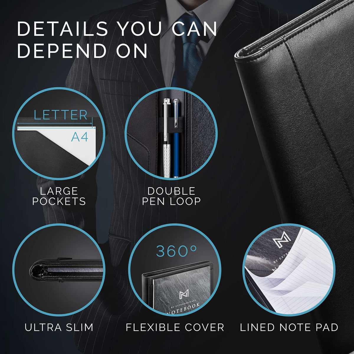 NERO MANETTI- Leather Portfolio Folder - Business PU Leather Portfolio Notepad Holder for Resumes, Legal Pad Portfolio Executive Binder, Professional Padfolio Notebook for Women/Men