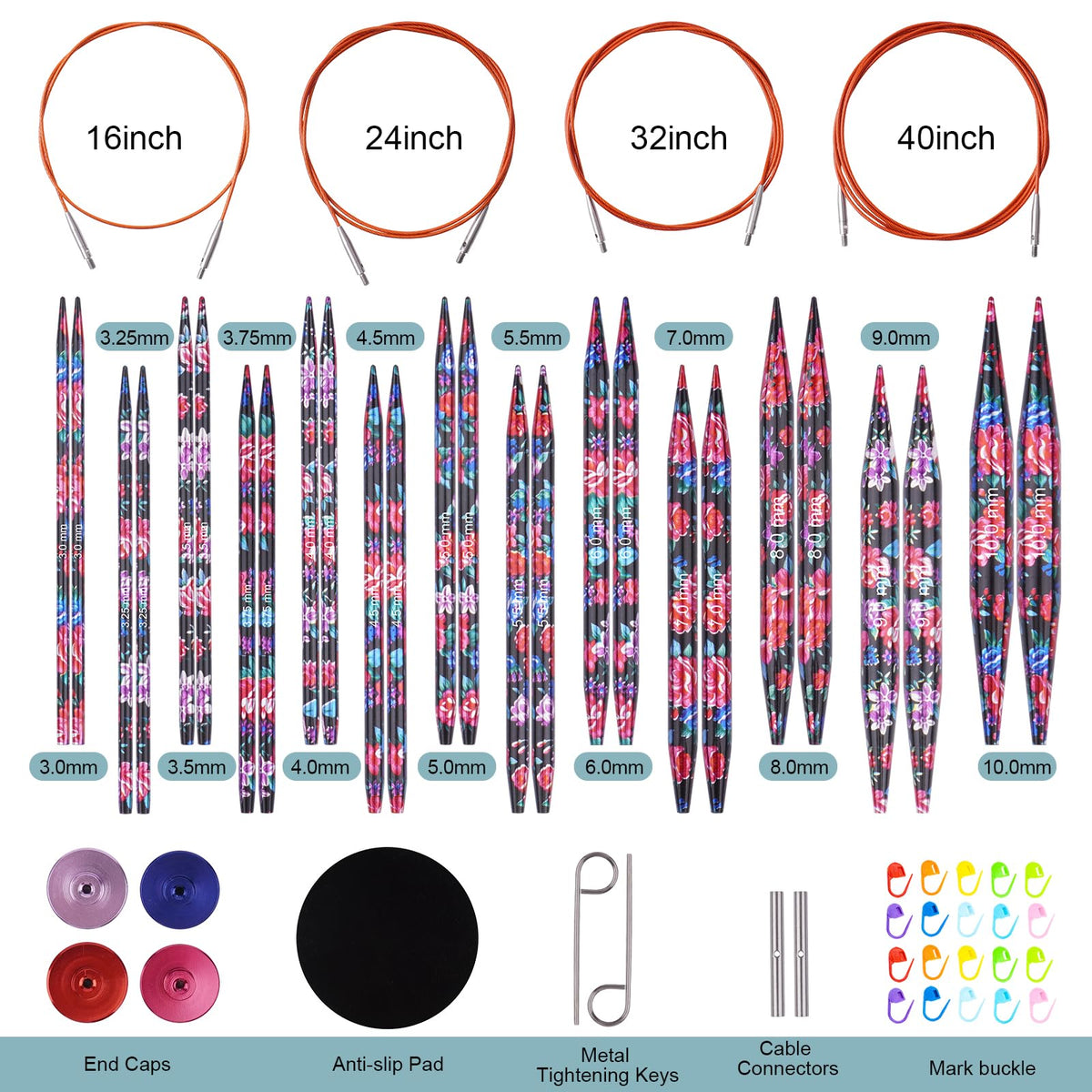 Mdoker Interchangebale Circular Knitting Needles Set 13 Pair Round Metal Knitting Needle Aluminum Circular Needle and Cables,Accessories,Case - Sizes US 2.5-15