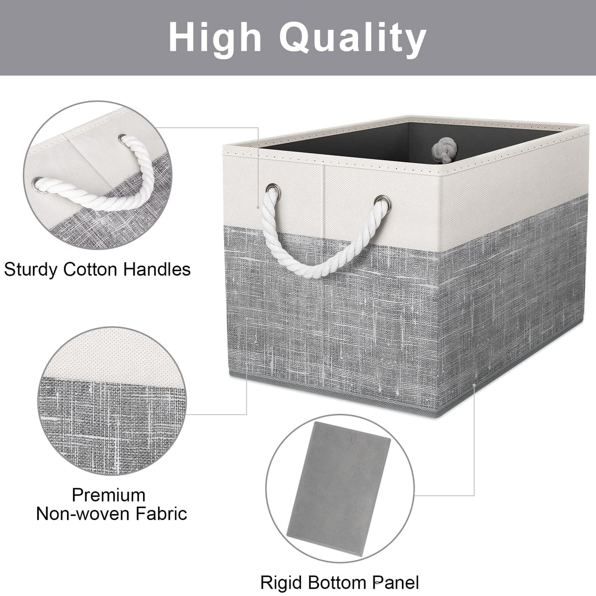 Fab totes Storage Bins [3-Pack], Foldable Storage Baskets for Organizing Toys, Books, Shelves, Closet, Large Storage Box with Rope Handles, Sturdy Organizer Bins, White & Grey
