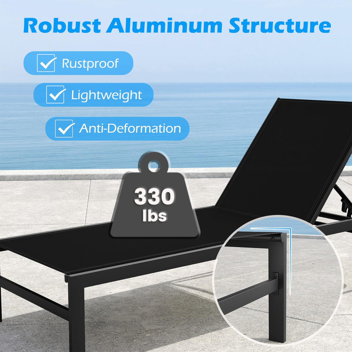 HAPPYGRILL Aluminum Chaise Lounge Chair, Heavy-Duty Patio Recliner W/ 6-Level Backrest & Breathable Fabric, Outdoor Lightweight Reclining Lounge Chair for Backyard, Poolside, Porch (2, Black)