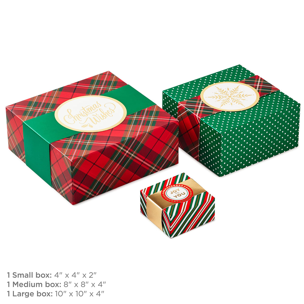 Hallmark Christmas Gift Boxes 3-Pack Assorted Sizes (Red & Green Stripes, Plaid, Polka Dots) for Hostess Gifts, Holiday Parties, Wrapped Treats
