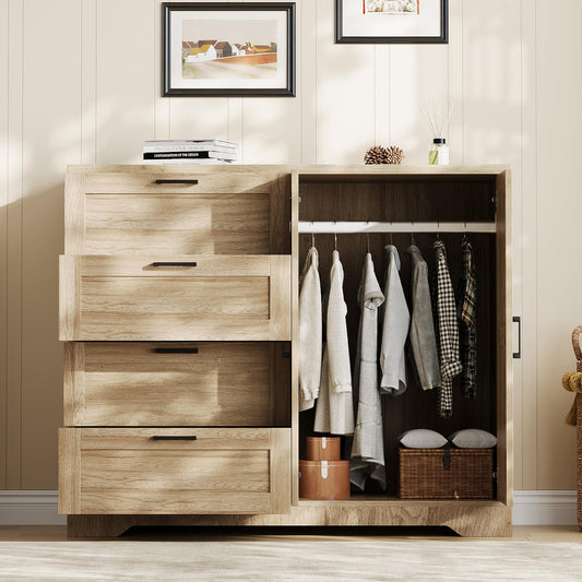 IDEALHOUSE 43.3'' H Armoire Wardrobe Closet with 4 Drawers and 2 Doors, Hanging Rod, Multifunctional Wooden Dresser with Storage Closet, Bathroom Cabinet for Bedroom, Natural Oak