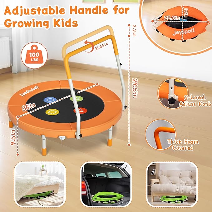 3FT Toddler Trampoline with Adjustable Handlebar, 36" Foldable & Spring-Free, Mini Kids Indoor Outdoor Trampoline for Ages 1-6, Noiseless Jumping Mat, Safe & Sturdy Design, Supports Up to 100 lbs