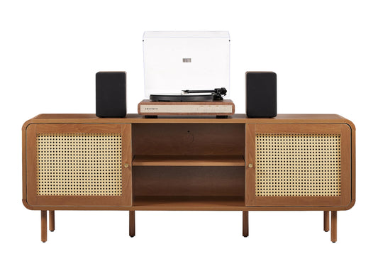 Crosley Furniture Nora Modern Record Player Cabinet with Vinyl Storage, Rattan Turntable Stand for Records, Walnut