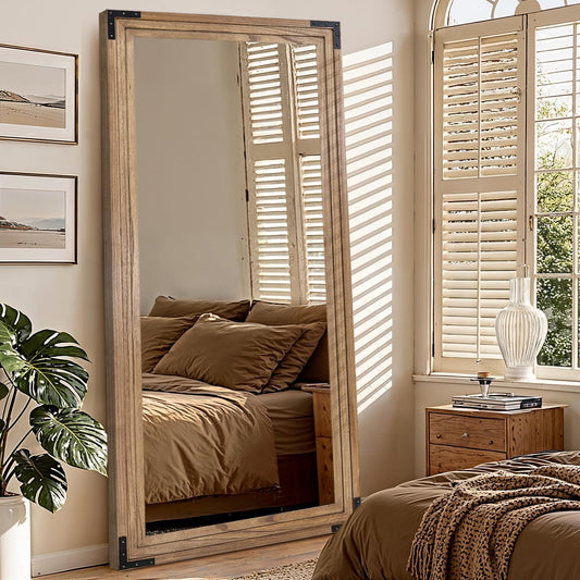 LXWZHK Full Length Mirror 76"x34" Solid Wood Frame Floor Standing Mirror, Hanging or Leaning Wall-Mounted for Living Room, Bedroom, Oak Color