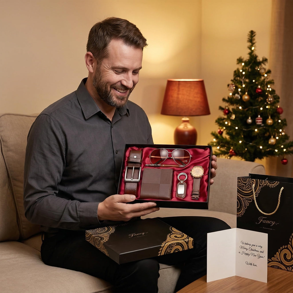 CXLZENGH Premium 6-Piece Men’s Gift Set — Belt, Wallet, Watch, Sunglasses, Keyring and Pen — A luxurious birthday/Christmas gift for dad, husband or boyfriendCoffee Brown