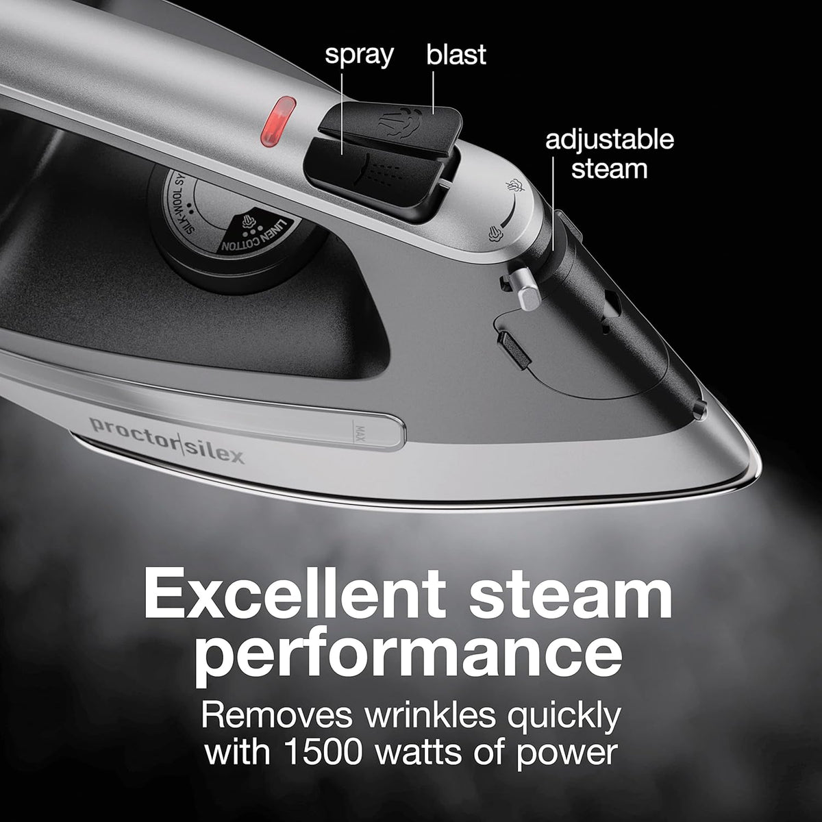 Proctor Silex Steam Iron - 1500 Watts Durable Stainless Steel Soleplate | 8' Retractable Cord, Gray & Black