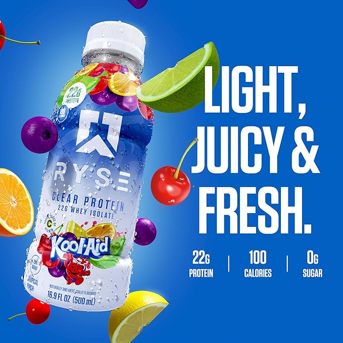 RYSE Clear Protein Shake - Kool-Aid Tropical Punch - 100 Calories, 22g Whey Isolate Protein, Sugar-Free, 0g Fat & Lactose-Free - Refreshing Ready-to-Drink Beverage - 16.9 fl oz Bottles (12-Pack)