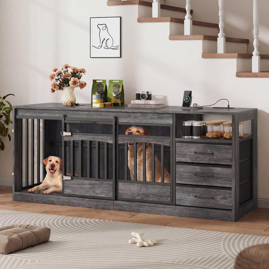 Homiflex 68.9" Large Dog Crate Furniture with 3 Storage Drawers Farmhouse Dog Kennel TV Stand Indoor for Large Medium Dogs Decorative Dog Cage with Sliding Barn Door & Power Outlet Grey