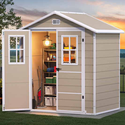DWVO Outdoor Storage Shed 6x4.4ft Plastic Garden Tool Shed with 2 Vision Windows, Double-Wall Outside Shed for Mower Lawn, Garden Tool for Backyard Lawn Patio, Lockable