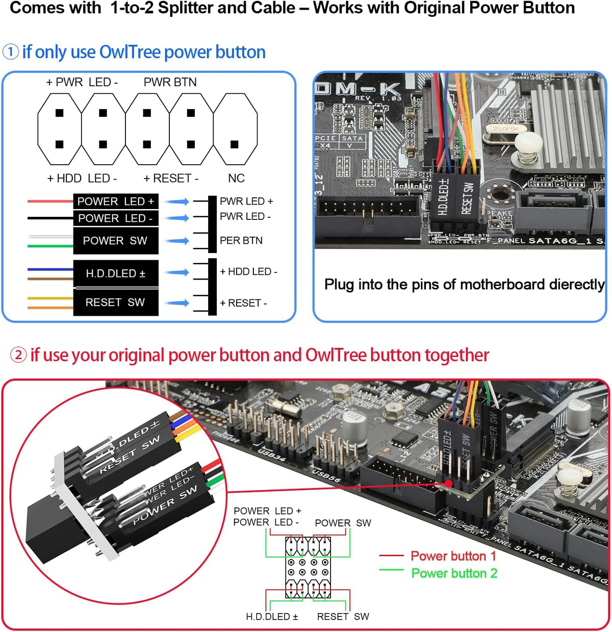 Reset PC Power Button, Desktop Switch Splitter ON Off SW HDD LED PC External Power Supply Button for Computer