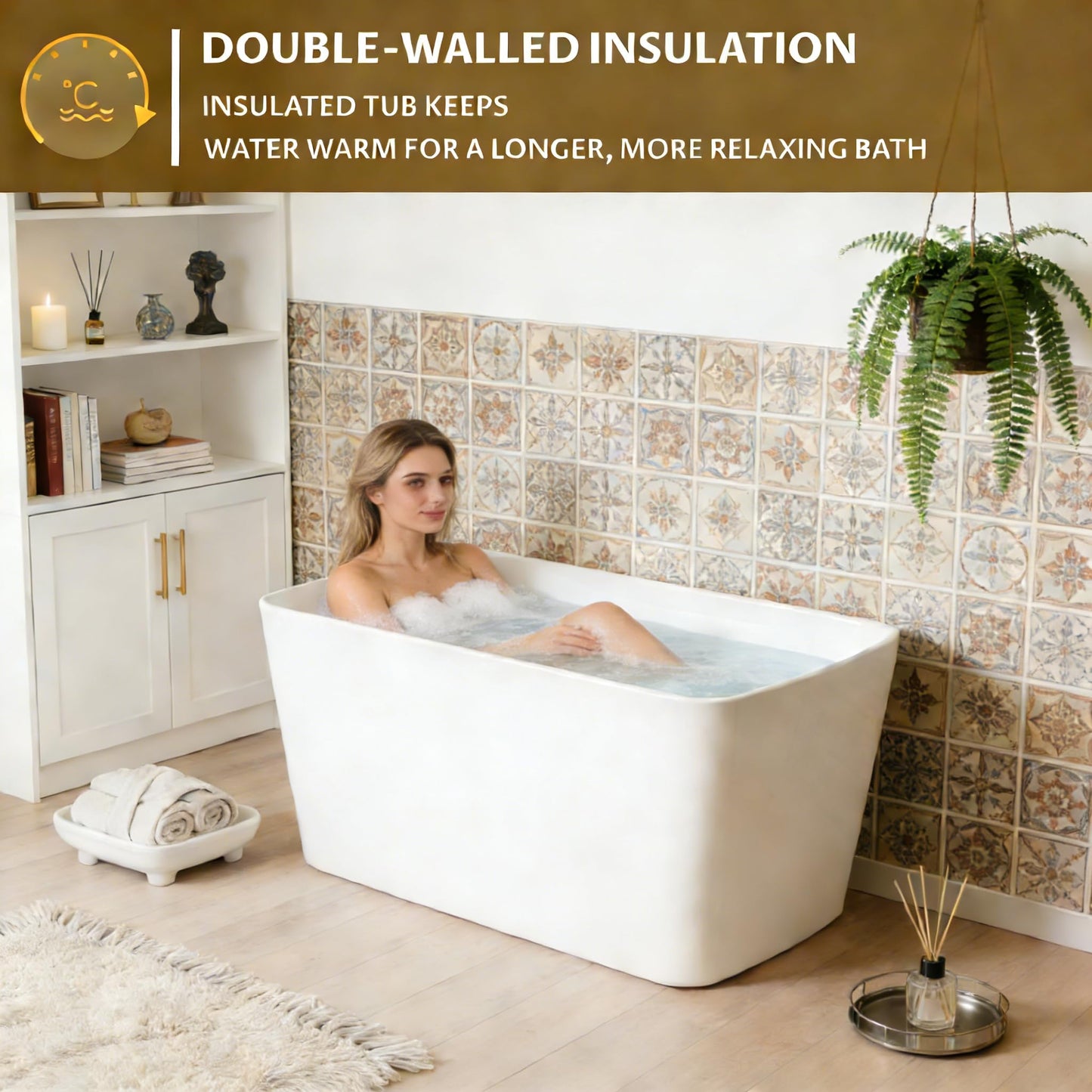 49" Acrylic Freestanding Soaking Bathtub, Matte Black Drain & Overflow, Modern Design Unique Tub for Home Bathroom Renovations, Glossy White