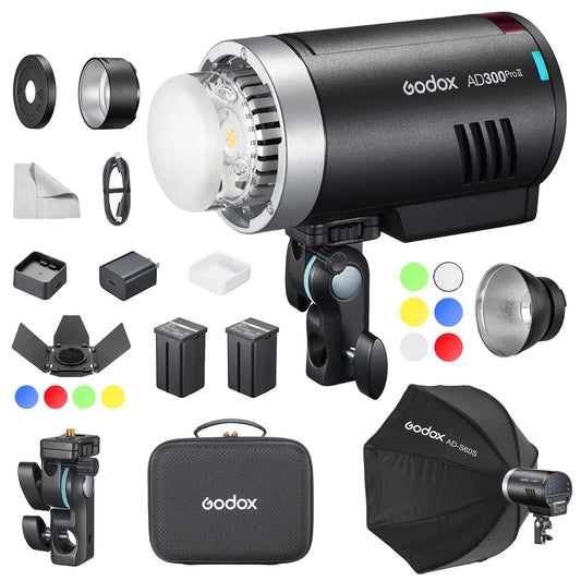 GODOX AD300Pro II AD300 Pro II TTL HSS Studio Outdoor Strobe Flash Monolight Kit with AD-S60S Softbox, WB300P Battery, AD-R14 Standard Reflector and BD-10 Barn Door Set
