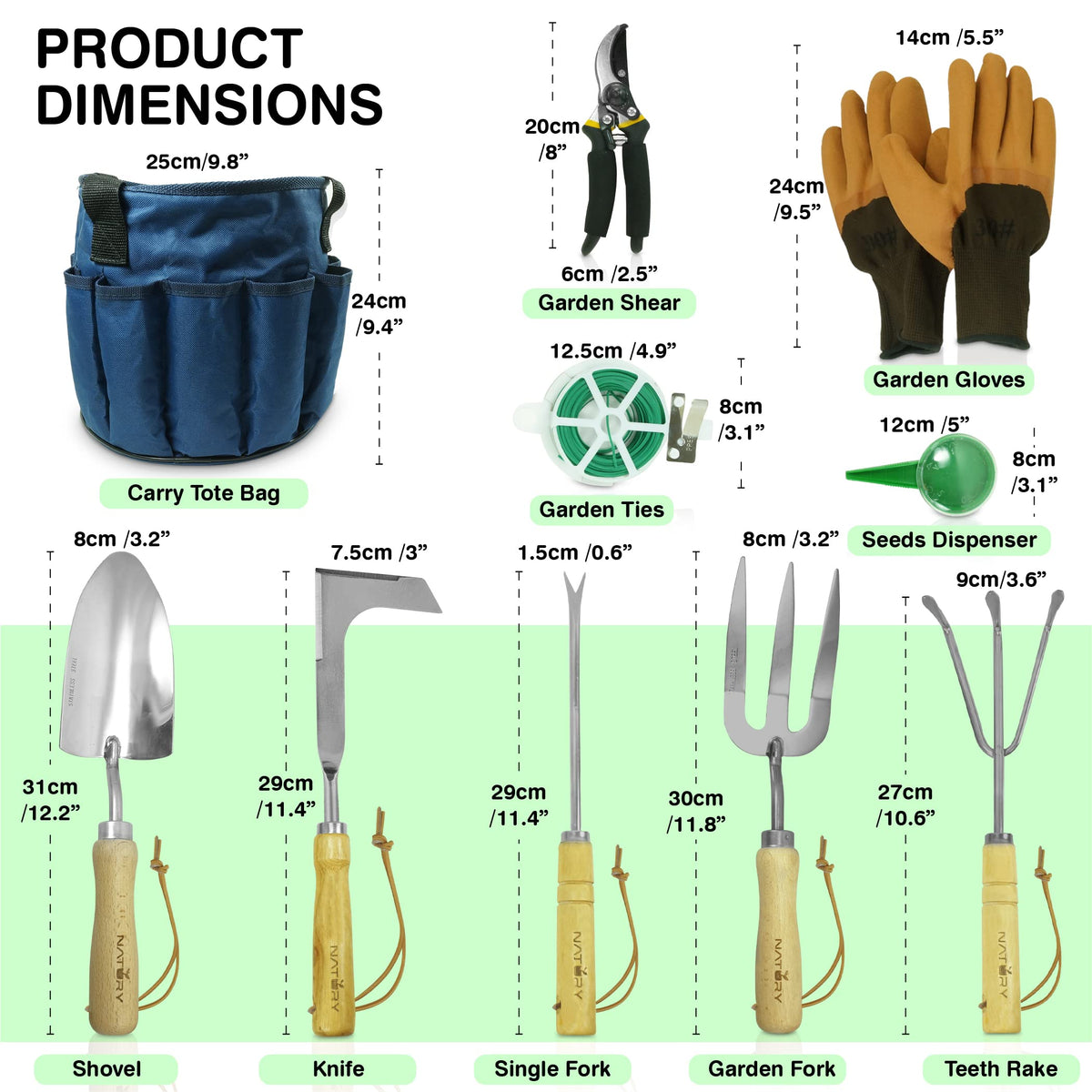Natury Garden Tools Set – Premium Stainless Steel Gardening Hand Tools with Solid Beechwood Handle – Gardening Kit with Rake, Shovel, Gloves, Shears, Tool Organizer – Garden Gifts for Women and Men