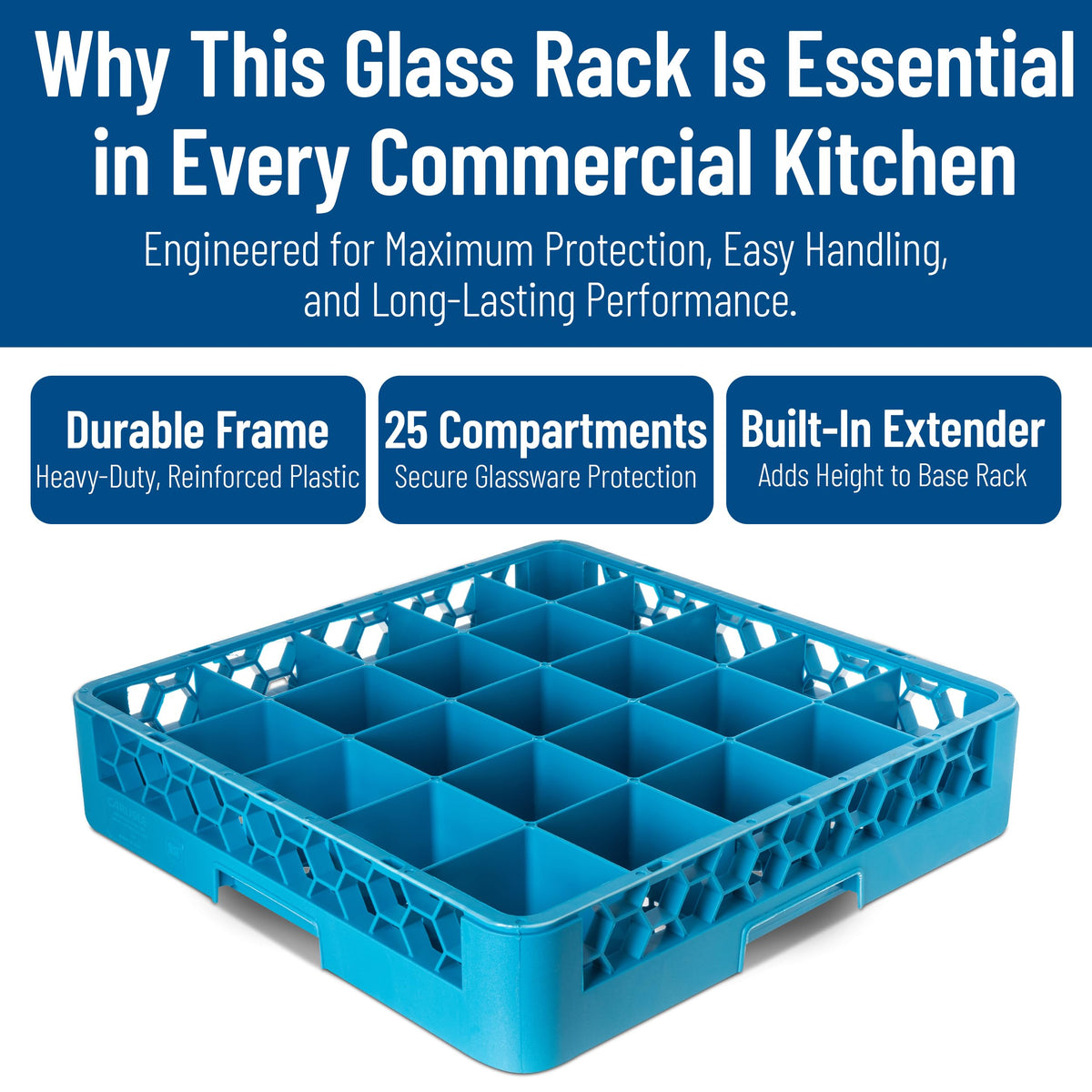 Carlisle FoodService Products OptiClean 25 Compartment Glass Racks – Fits 3.25" Diameter Red Wine Goblets, Beverage Glasses, Rocks Glasses, Tamper Proof Restaurant Kitchen, Blue