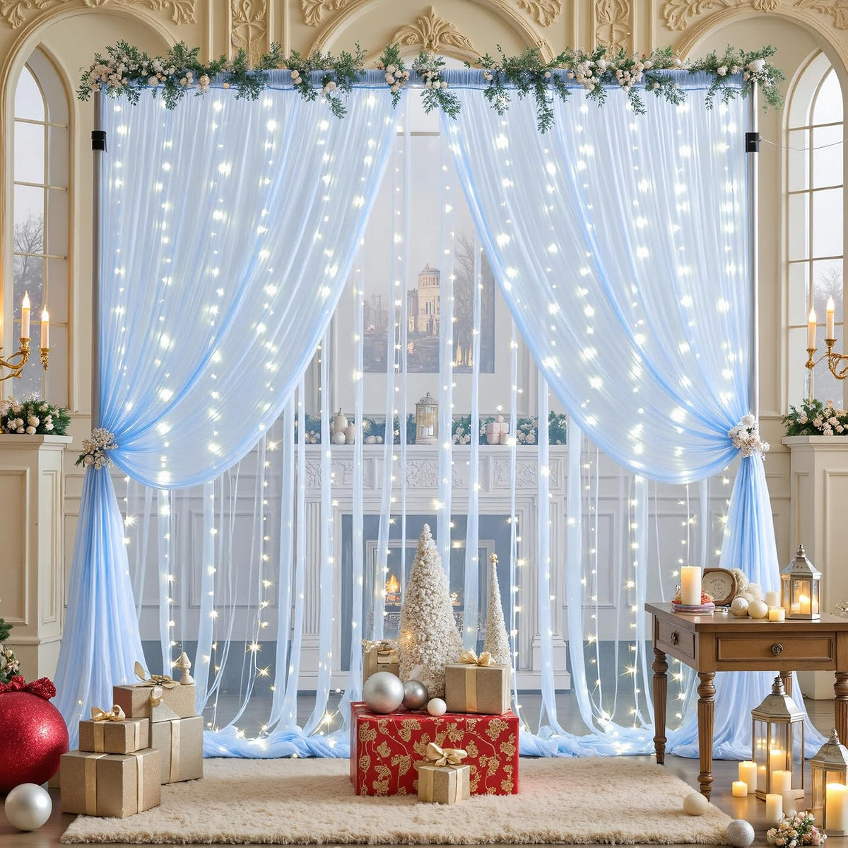 Suppromo 10ft 10ft x Baby Blue Tulle Photo Backdrop Curtain with Lights String for Parties Wedding Sheer Blue Curtain