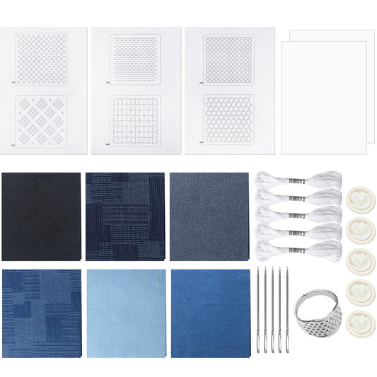 Hahafelt Sashiko Kit Sashiko Thread and Needles Thimble Denim Fabric Water Soluble Japanese Embroidery Kit for Beginners Hand Quilting and Mending, Sewing Supplies