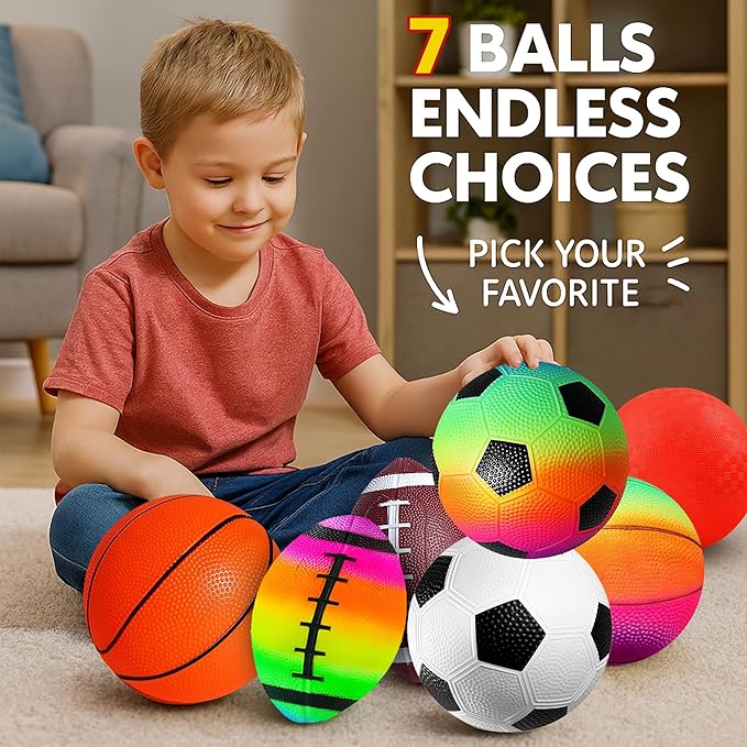 8.5 Inch Sports Balls Set 7 Pack,Playground Balls for Kids&Adults, Includes Soccer Ball, Basketball, and Football,Rainbow Ball for Outdoor & Indoor Games, Boys and Girls Gift with Gift Box