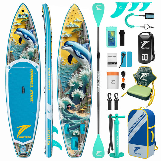 TIDETREK 11'/11'6" x 33"/34" x 6" Inflatable SUP Paddle Board – Extra-Wide, Stable Stand Up Paddle Board with Premium Full Accessory Set for Adults & Youth (Azure Leap/Kayak Seat, 11'6"x33"x6")