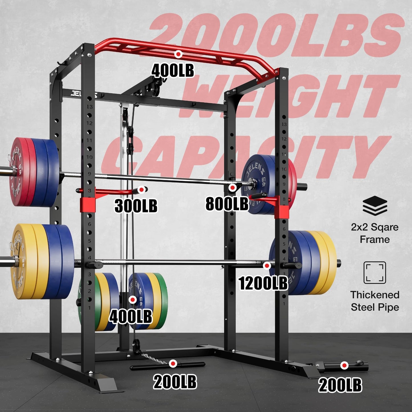 JELENS Power Cage, 2000LBS Multi-Function S11 Power Rack with LAT Pulldown, Squat Rack with Pulley System and More Training Attachments, Weight Workout Machine for Home Gym (Weight Bench Package)