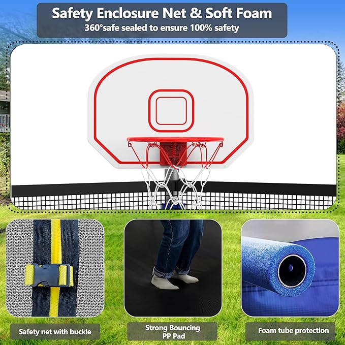 Upgraded 16FT 15FT 14FT 12FT 10FT 8FT Trampoline Outdoor with Basketball Hoop and Net, Capacity for 4-6 Kids and Adults