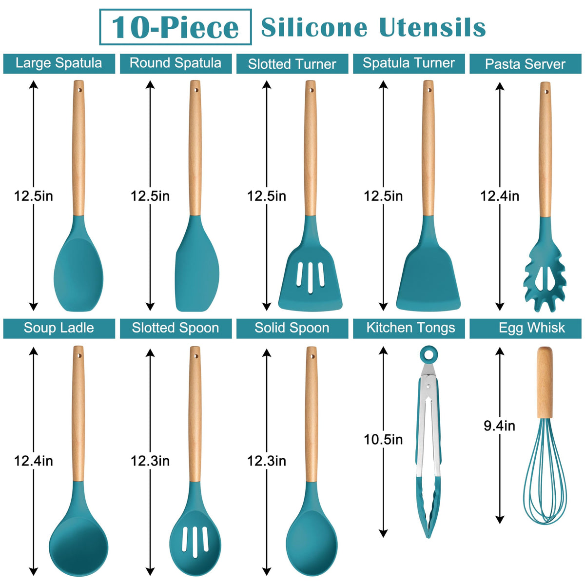 E-far Blue Silicone Cooking Utensils Set, 10-Piece Kitchen Utensils Set with Wooden Handle for Nonstick Cookware, Heat Resistant Kitchen Nonstick Tools Spatula Whisk Tongs Ladle, Non-toxic & Healthy