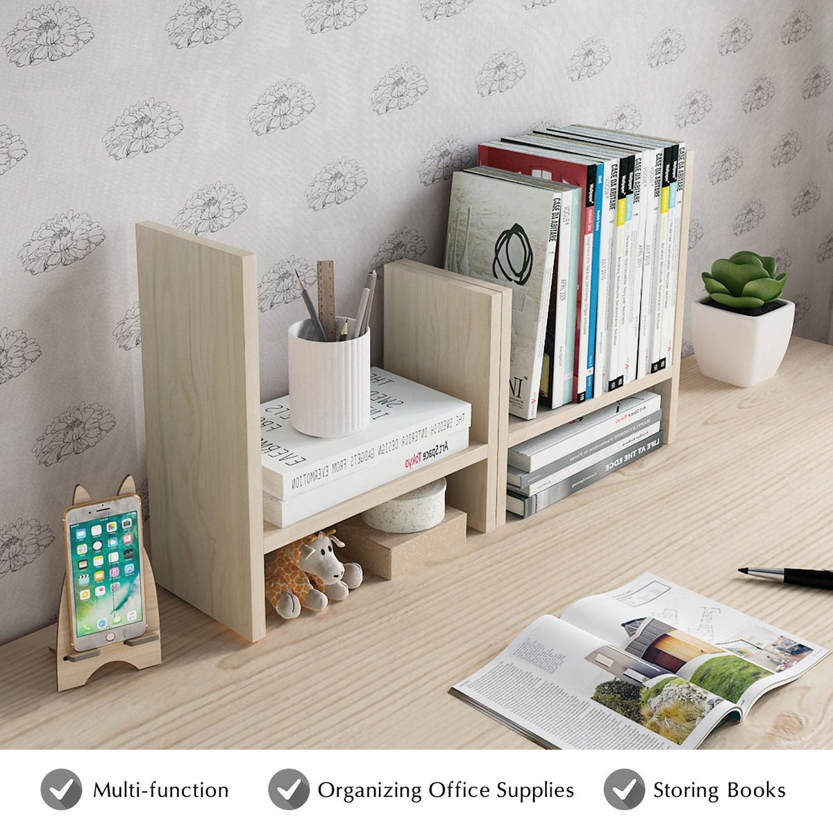 Jerry & Maggie Desktop Organizer Office Storage Rack Adjustable Wood Display Shelf Free Style Double H, Multi-Functional Mini Bookshelf for Desk Natural Stand (White Wood Tone)