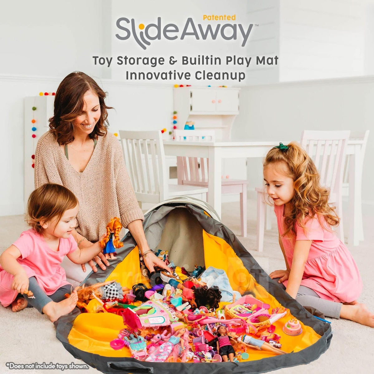 Creative QT SlideAway Toy Storage Organizer & Extra Large 52" Play Mat, Collapsible Storage Bins for Building Bricks, Small Blocks, Toys, Drawstring Cleanup for Kids Playroom & Classroom, Beige