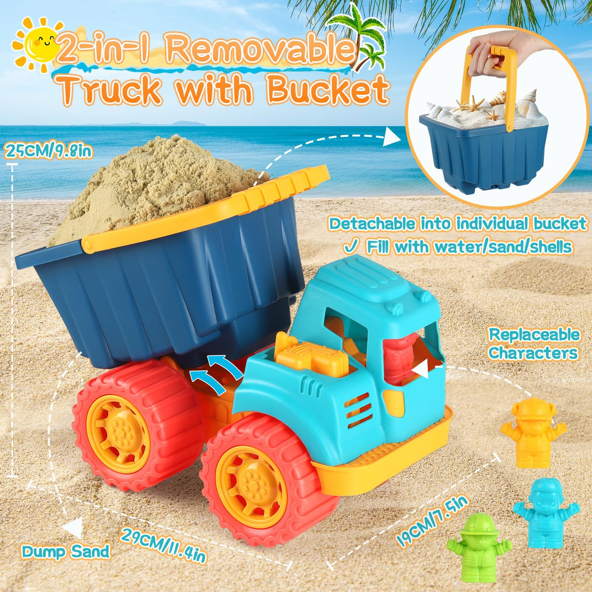 Elovien Beach Sand Toys, Large Dump Truck with Bucket, Sandbox Construction Toy Sand Castle Building Kit with Mesh Bag, Sand Molds, Shovels, Worker Figures, Kids Toddlers Summer Outdoor Travel Toys