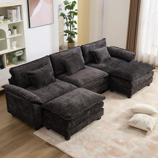 IPKIG 117" Modular Sectional Sofa, Chenille U-Shaped Sectional Couch Comfy Upholstered 3 Seat Sofa with 2 Ottoman, 3 Lumbar Pillow, Deep Seat Cloud Couch Sofa for Living Room, Black