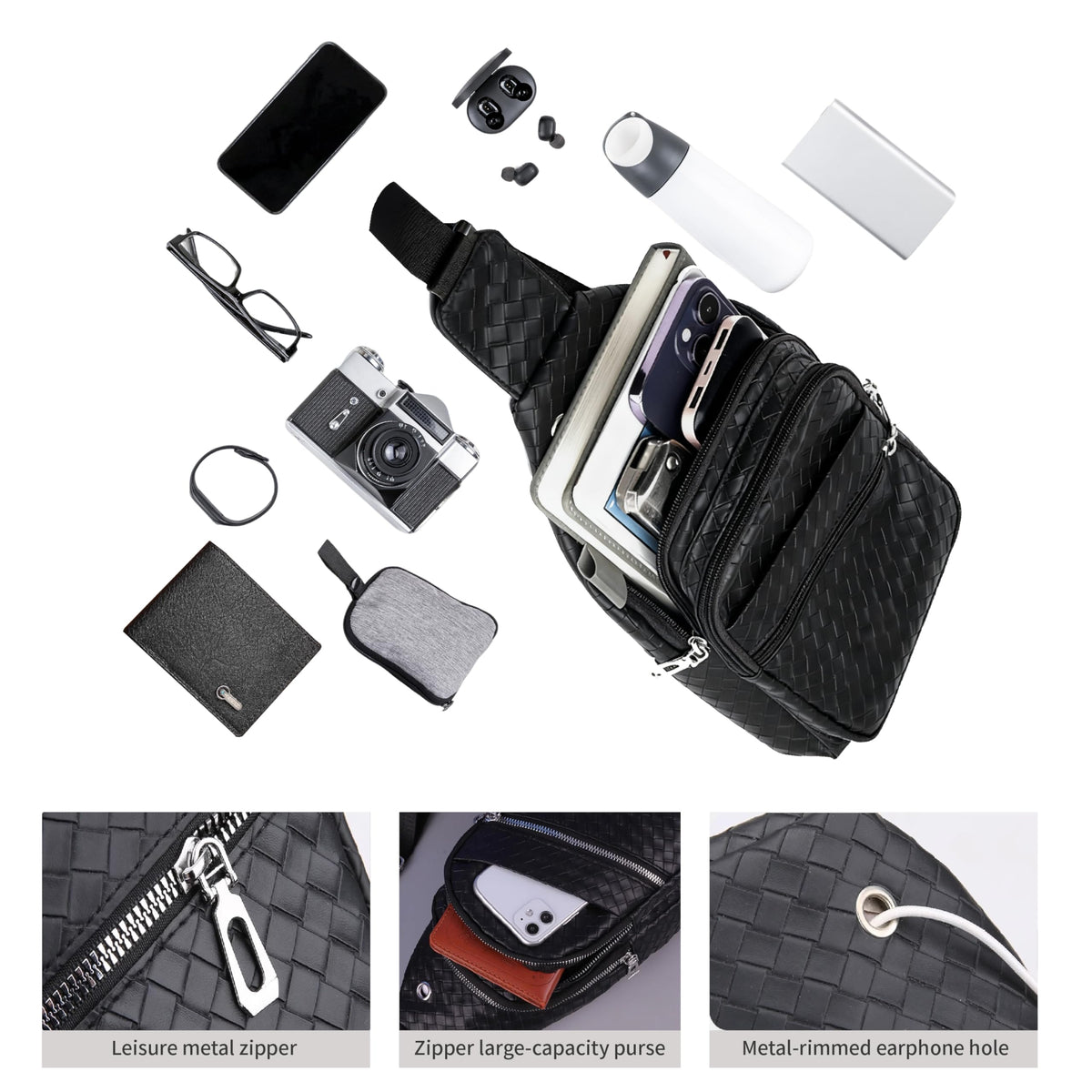 2 Pack Sling Bag Set, PU Leather Sling Bag with Classic Wallet, Multi-Zipper Design for Travel, Outdoors