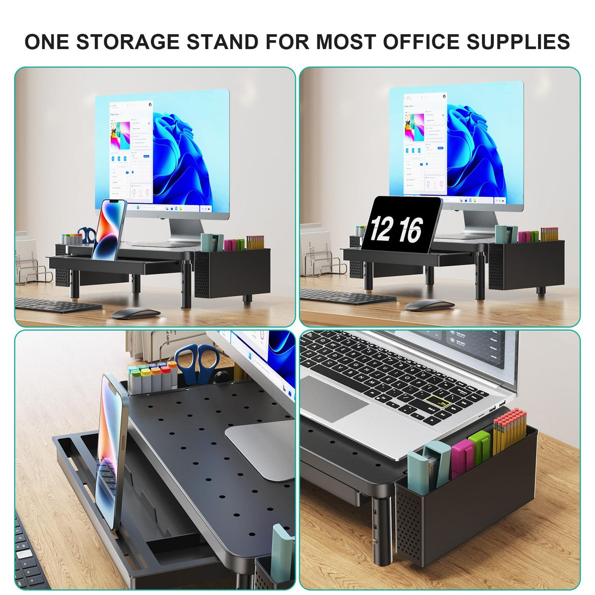 WALI Computer Monitor Stand with Storage, Desk Organizer with Drawer and Pen Holder, Desk Monitor Riser 3 Height Adjustable, Laptop Riser for Computer, Laptop, Printer(PTT003-B), 1 Pack, Black