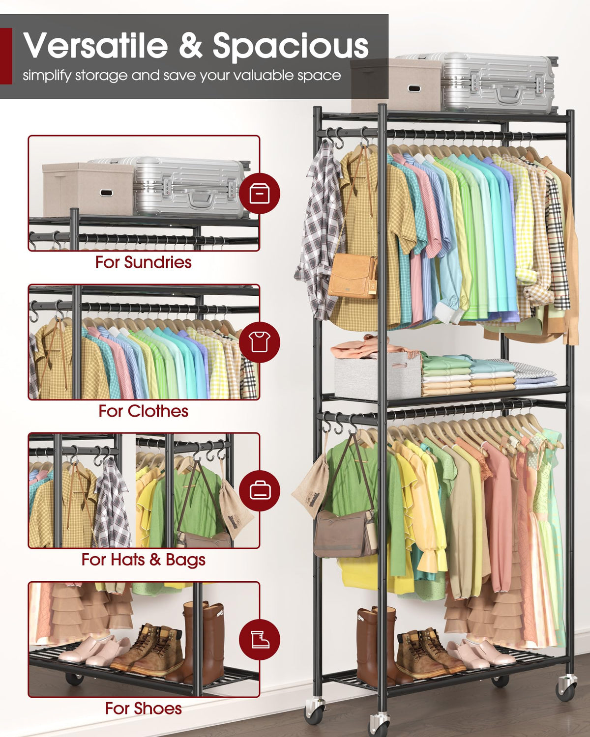 Sakugi Clothes Rack - 33.0" x 12.2" x 79.5" Clothing Rack with Shelves & Wheels, Multi-Functional Wardrobe Closet with Hooks, Sturdy Metal Garment Rack for Bedroom, Laundry, Balcony (Black)