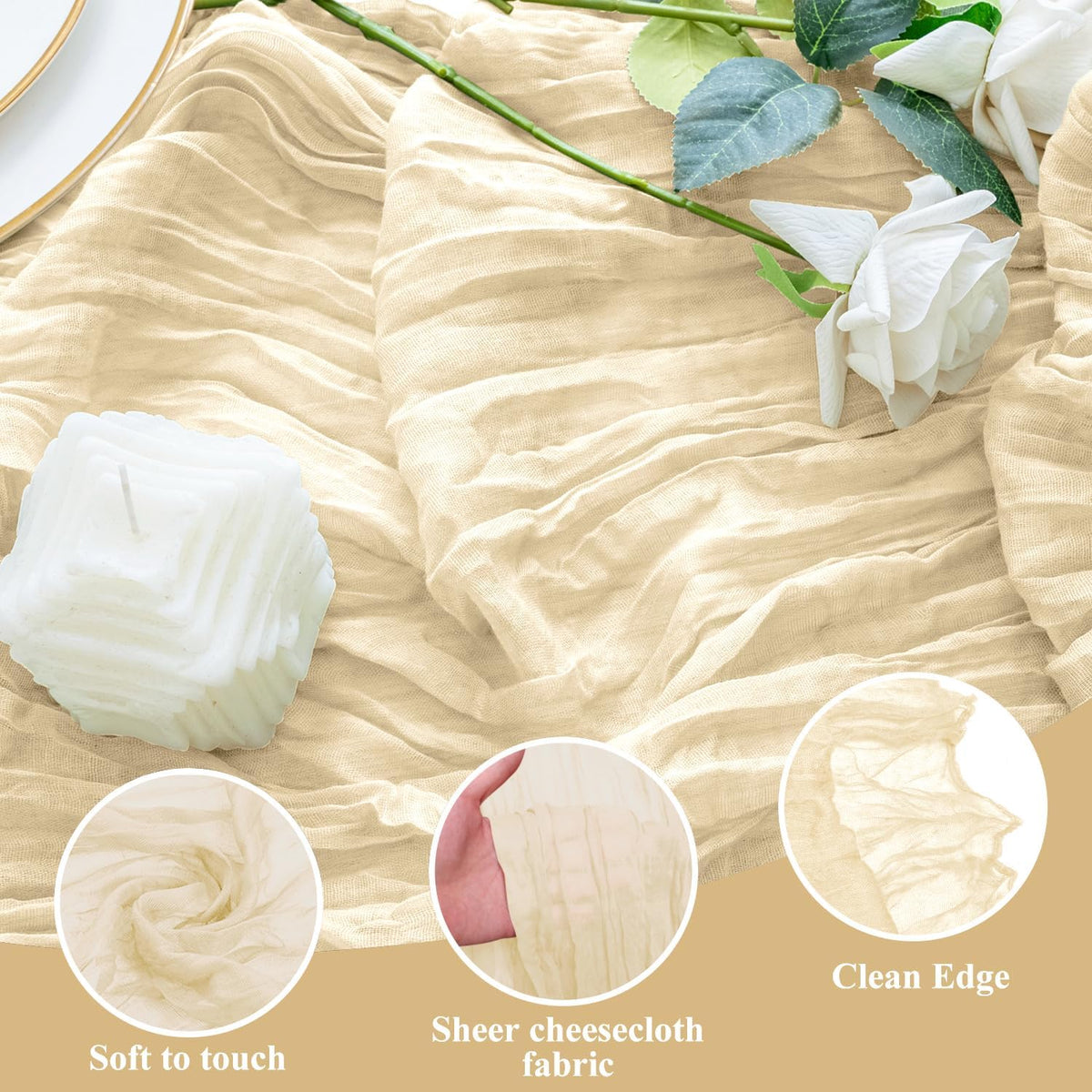 Skiennix Table Runner - 10FT Beige Boho Gauze Cheesecloth for Rustic Wedding & Party Decor