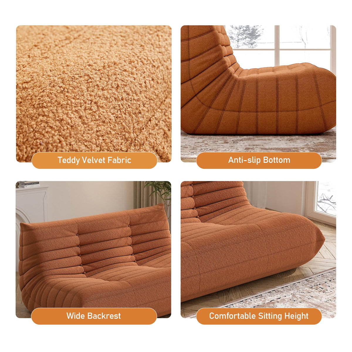 Bean Bag Chair, Loveseat Fireside Chair Bean Bag Sofa Large Bean Bag Chair for Adults, 2 Seater Bean Bag Chairs for Teens with High Density Comfortable Foam, Bean Bag for Living Room, Bedroom (Orange)