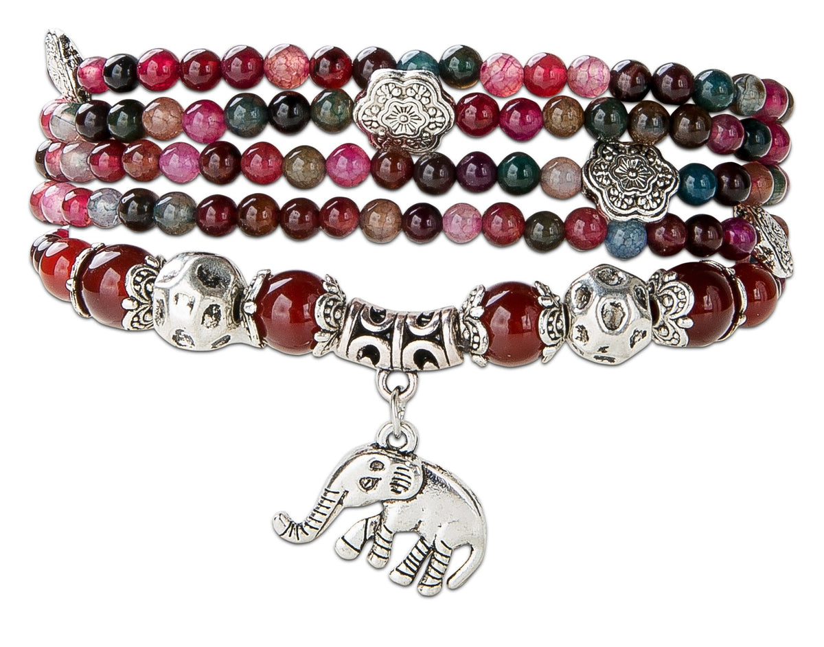 SPUNKYsoul Good Luck Elephant Natural Garnet & Agate Stretch Wrap Bracelet Mala Collection
