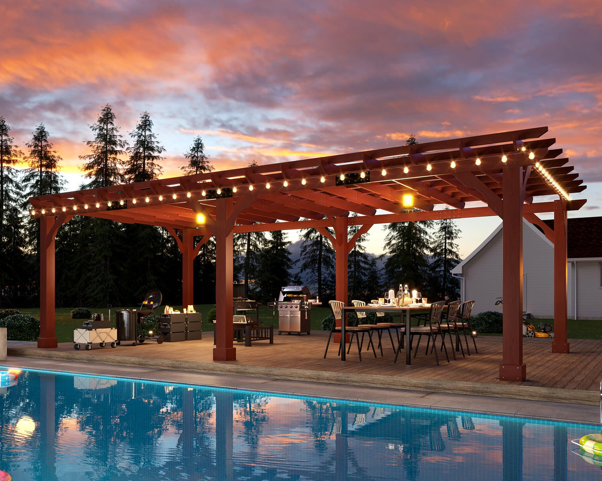 Jocisland 12x24 FT Premium Cedar Wood Pergola with Trellis Roof & Weather-Resistant Support, Outdoor Pergola Kit with Stakes, Garden Gazebo for Patio, Backyard & Events, Reddish-Brown