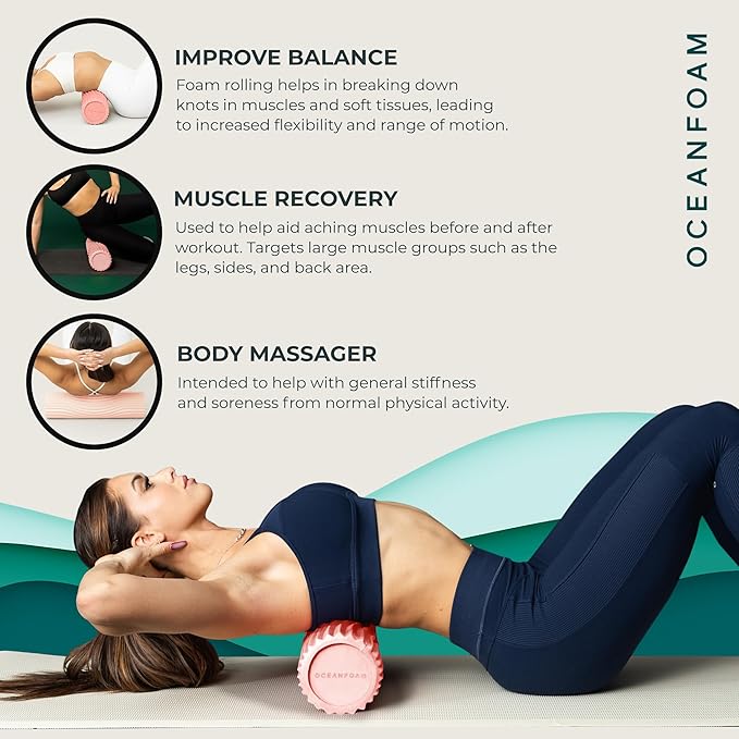 Oceanfoam Tidal Roller - Blush - Muscle Massage Foam Roller for Back Pain & Stretching - Firm and Ergonomic Wide Wave Textured - Yoga, Athletics, & Wellness - Full Size, 20" x 5"