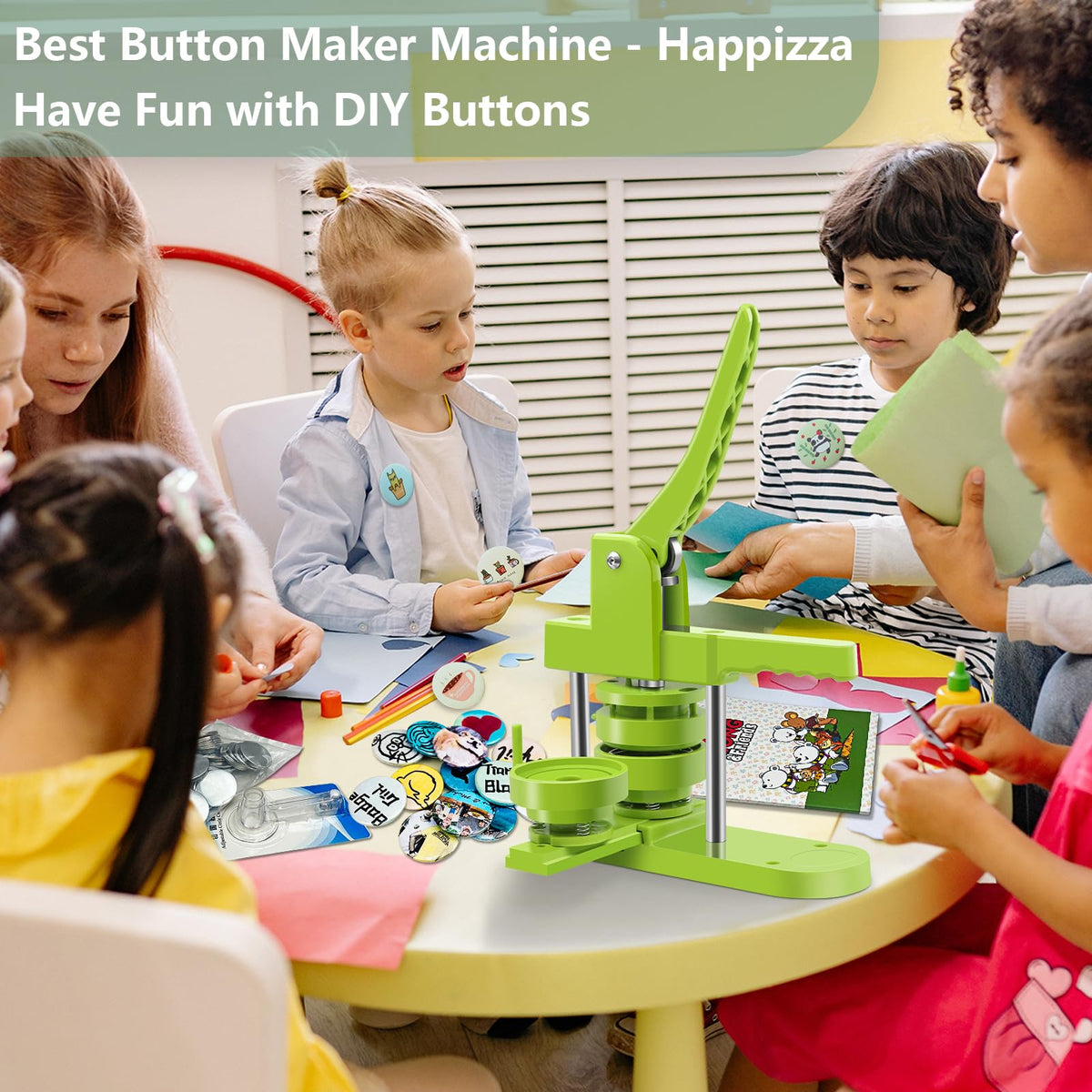 Happizza Button Maker Machine Multiple-Sizes - Pin Maker Machine 1.25 inch+2.25 inch, Interchangeable Button-models Badge Button Press Machine with 200 Sets 32+58mm Button Maker Supplies&Circle Cutter
