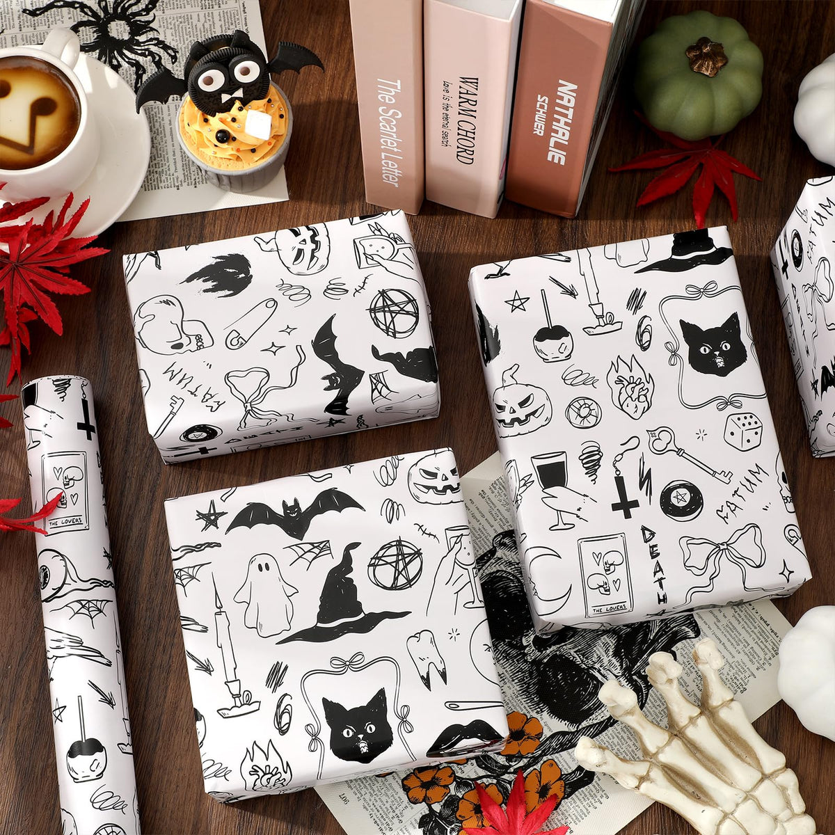 JarThenaAMCS Halloween Wrapping Paper - Mini Roll - 17 Inch x 32.8 Ft Black Cat Ghost Bat Gift Wrap Paper Single-Sided for Home Party DIY Crafts