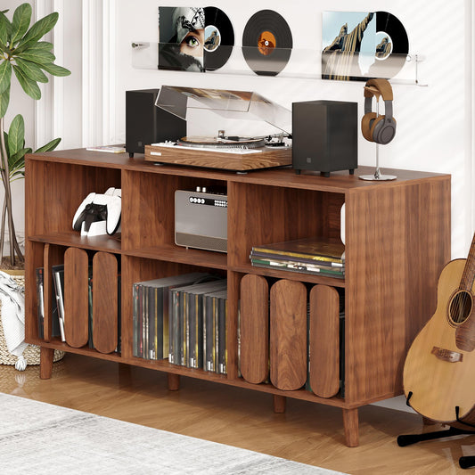 SLEKVERSA 55'' Vinyl Record Player Stand with Charging Station - Mid Century Modern Record Storage Cabinet w/6 Compartments, 2 USB Ports & Outlets - Turntable Table for Living Room