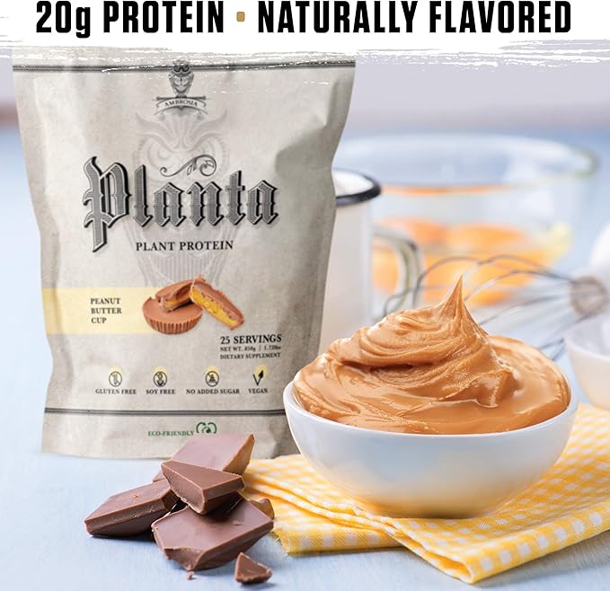 Ambrosia Planta - Premium Plant-Based Protein | Vegan & Keto Friendly | Gourmet Flavors with No Bloating or Stomach Upset | Gluten & Soy Free | No Added Sugar | 25 Servings | Peanut Butter Cup