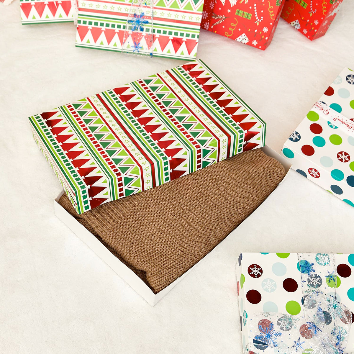 SUNCOLOR Christmas Gift Boxes with Lids For Clothes Presents, 14x9.5x2 Inch, Cardboard, 4 Festive Designs, 12 Pack