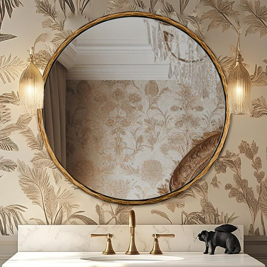 ANDY STAR 36 Inch Hand-Forged Round Gold Mirrors, Hammered Bathroom Round Wall Mirror for Over Sink, Solid Steel Metal Frame Vanity Circle Mirror for Antique, Vintage, Farmhouse, Rustic