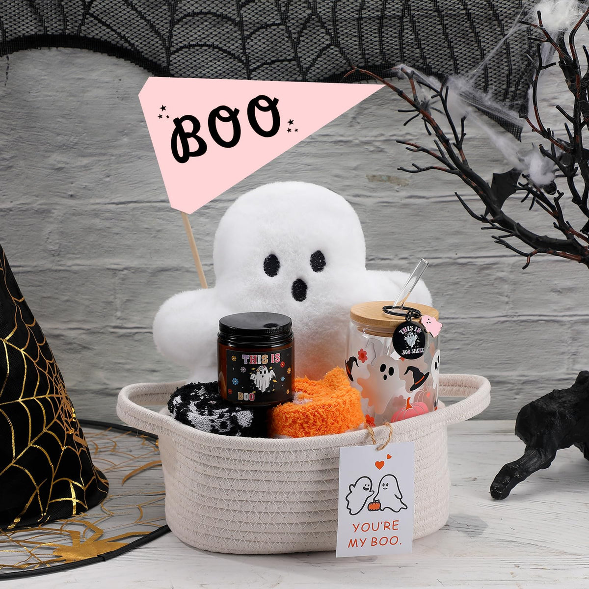 LemonRoad 9 Pcs Boo Basket Stuffers for Women Halloween Boo Basket Items Gift Set with Ghost Plush Toy Spooky Glass Cup Scented Candle Socks for Her Women Adults Wife Girlfriend Friend(Fashion)